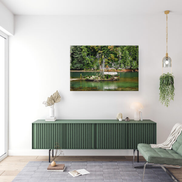 Canvas wrap print of Scholfield Creek Shipwreck in a living room.